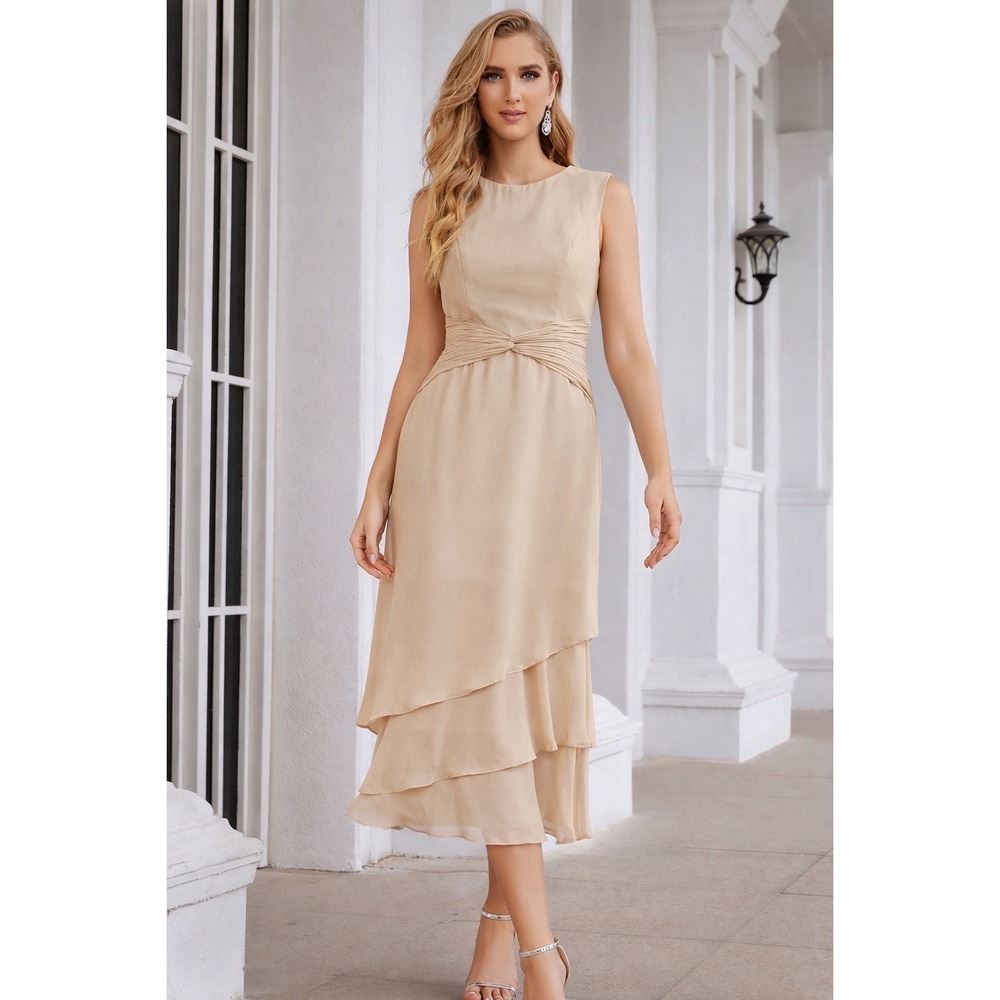 Stacees Champagne Maxi Dress Women US 16 Formal Wedding Guest Tiered Chiffon